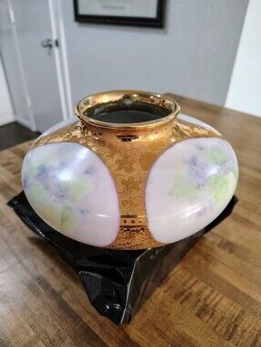 Vintage Ornate Gold Gilt White Panel W/Purple Floral Accent Porcelain Vase
